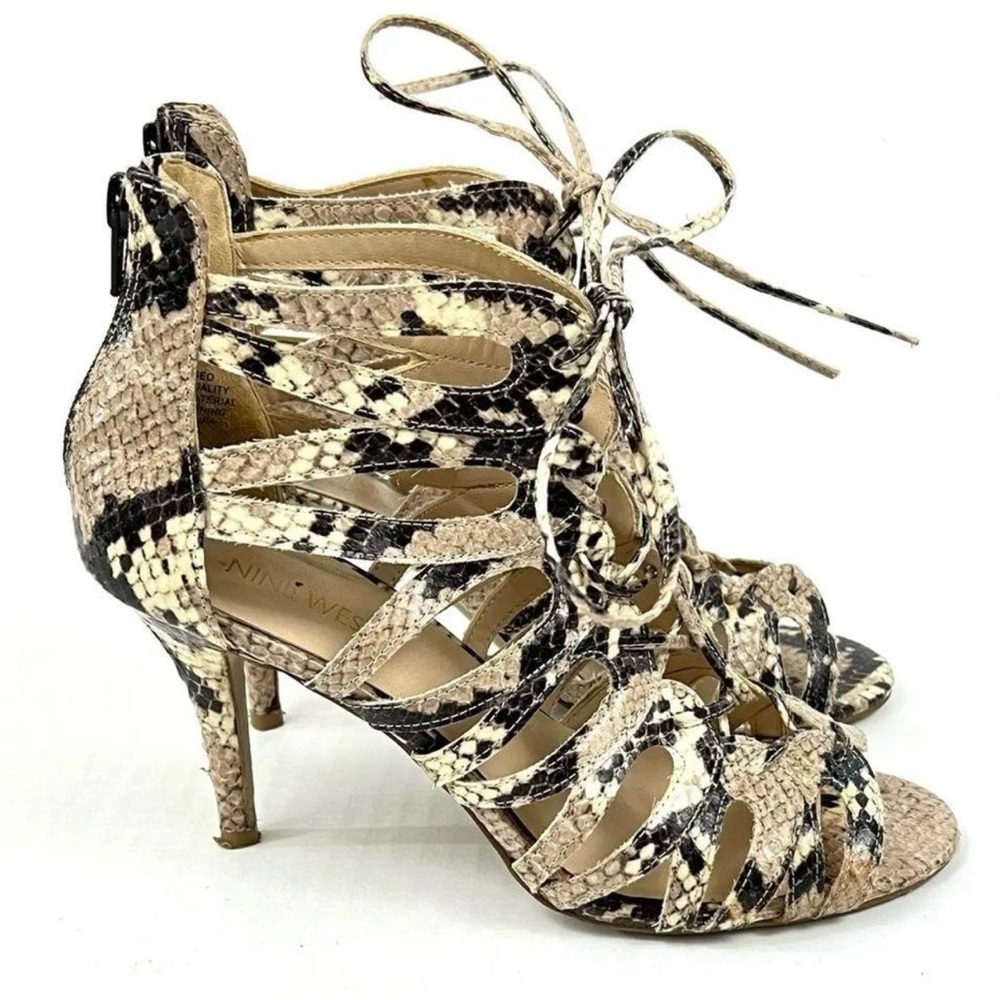 NINE WEST Ambrosia Snake print 3 1/2 in gladiator heels.